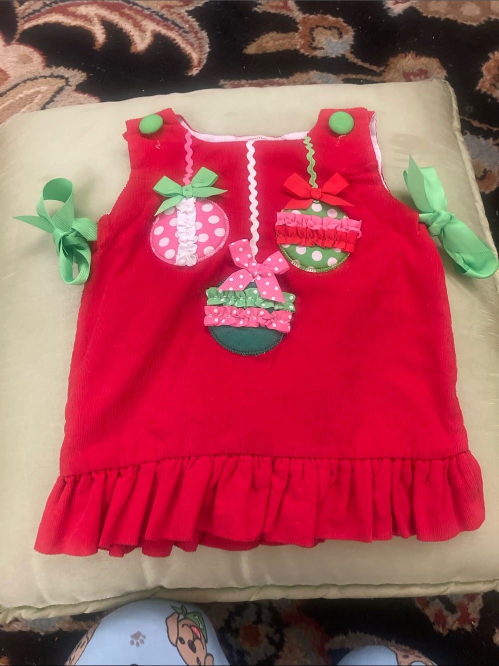 Mud Pie Red Holiday Ornament Appliqué Dress with Green Bows